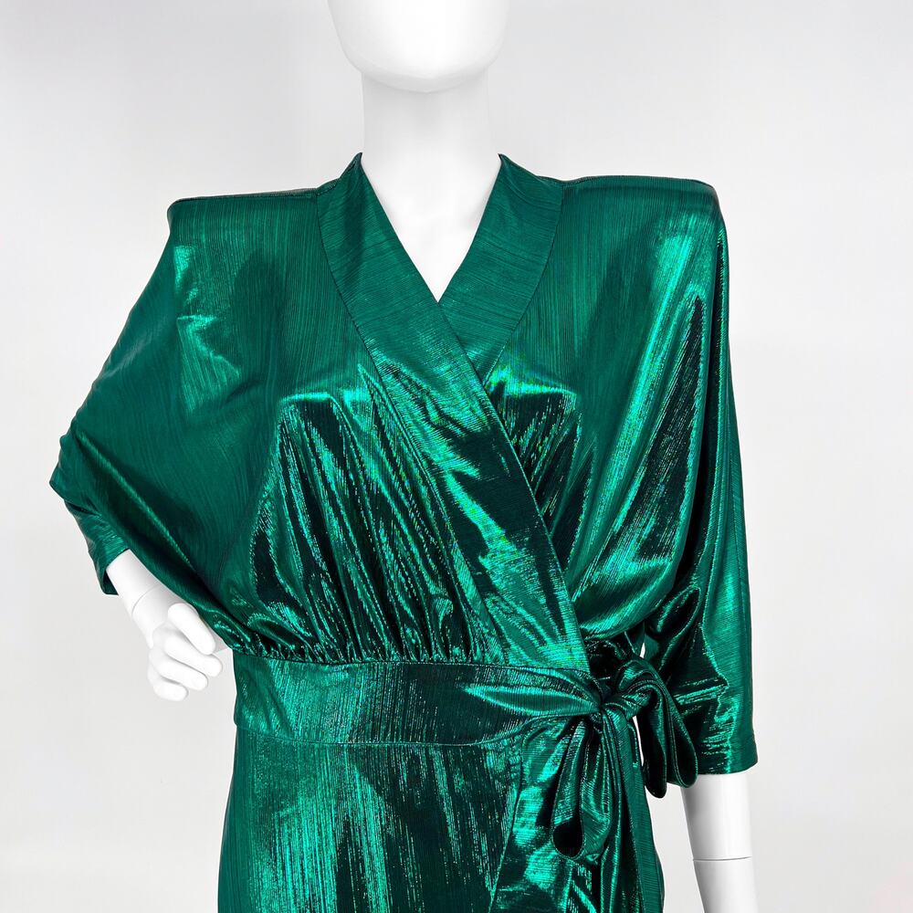 Zhivago Picture This Wrap Dress Women’s 6 Emerald Metallic Shoulder Pad Midi - Picture 3 of 5